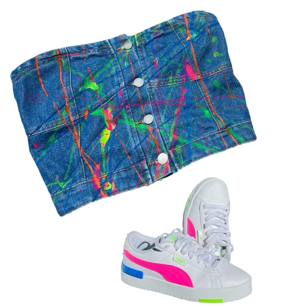 Custom Colorful Paint Splatter Denim Crop Top, Sz: Large✅